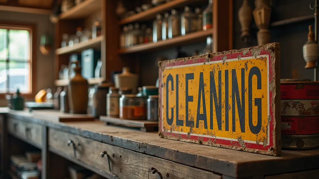 A collection of cleaning supplies laid out on a workbench, including brushes, microfiber cloths, mineral spirits, and gloves.