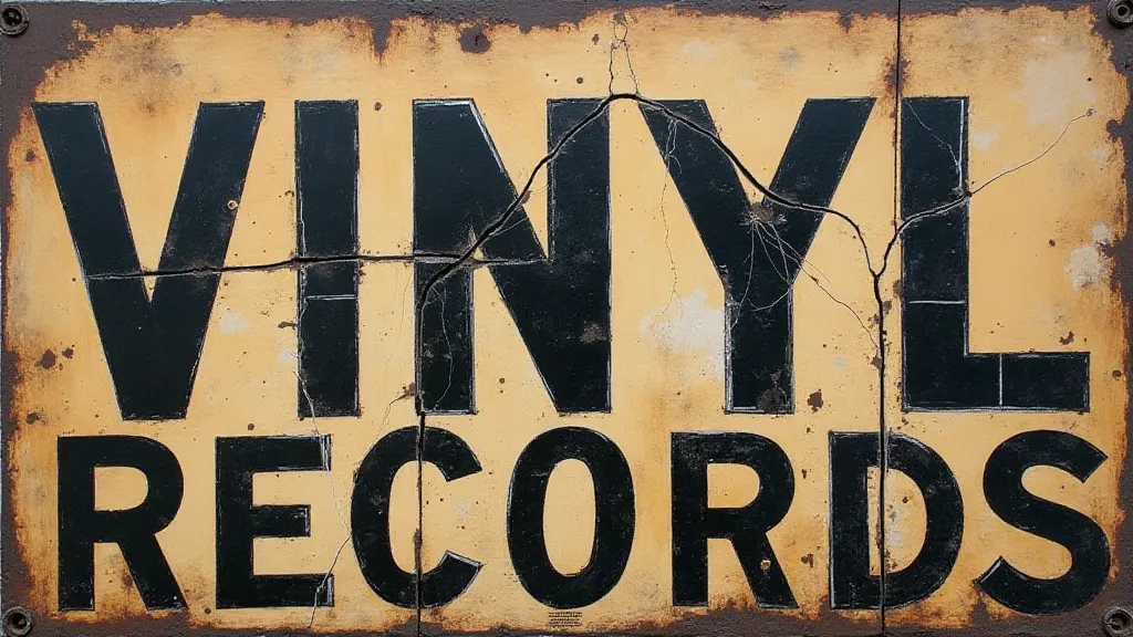 Close-up of cracked and faded record sign