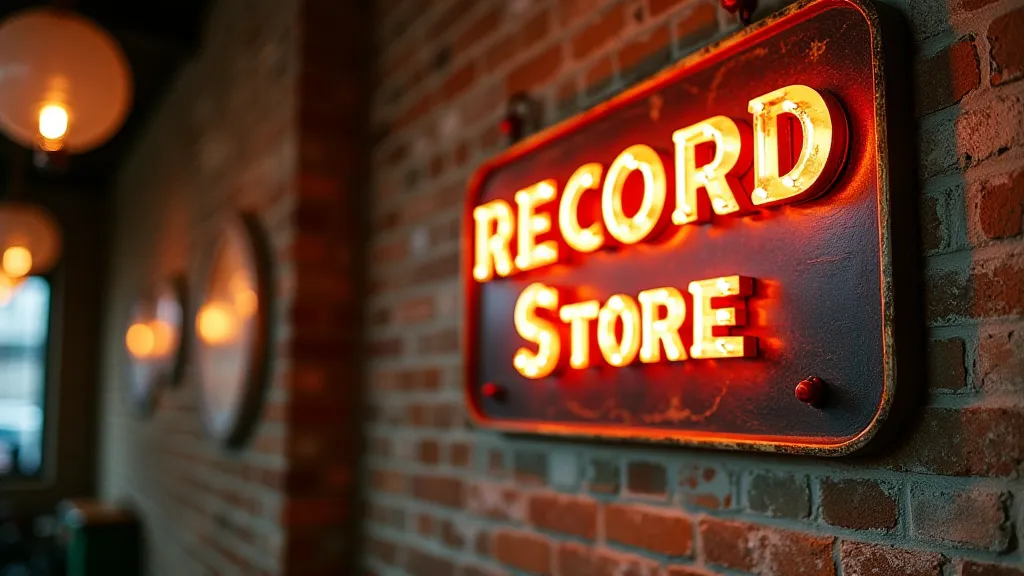 Fully restored and sealed vintage record store sign, displayed in a vintage-themed room.