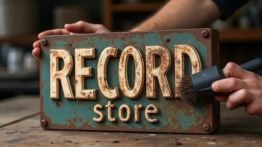 Metal record sign being cleaned