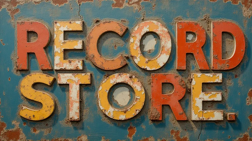 Layers of peeling paint on a vintage record store sign