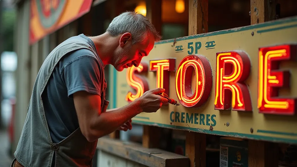 Restorer working on a vintage sign