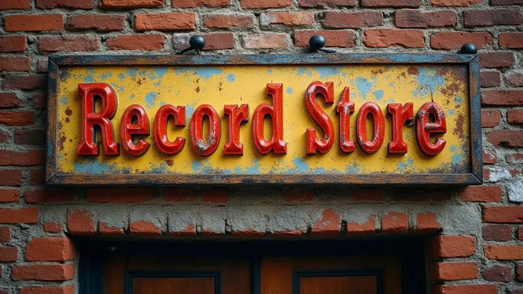 A fully restored vintage record store sign, hanging on a brick wall