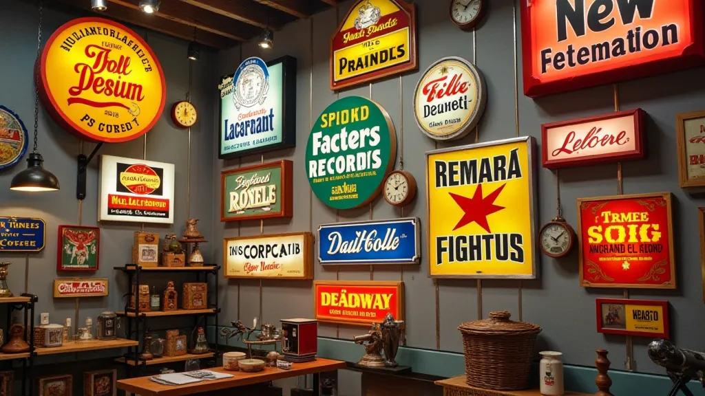 Display of restored vintage record store signs