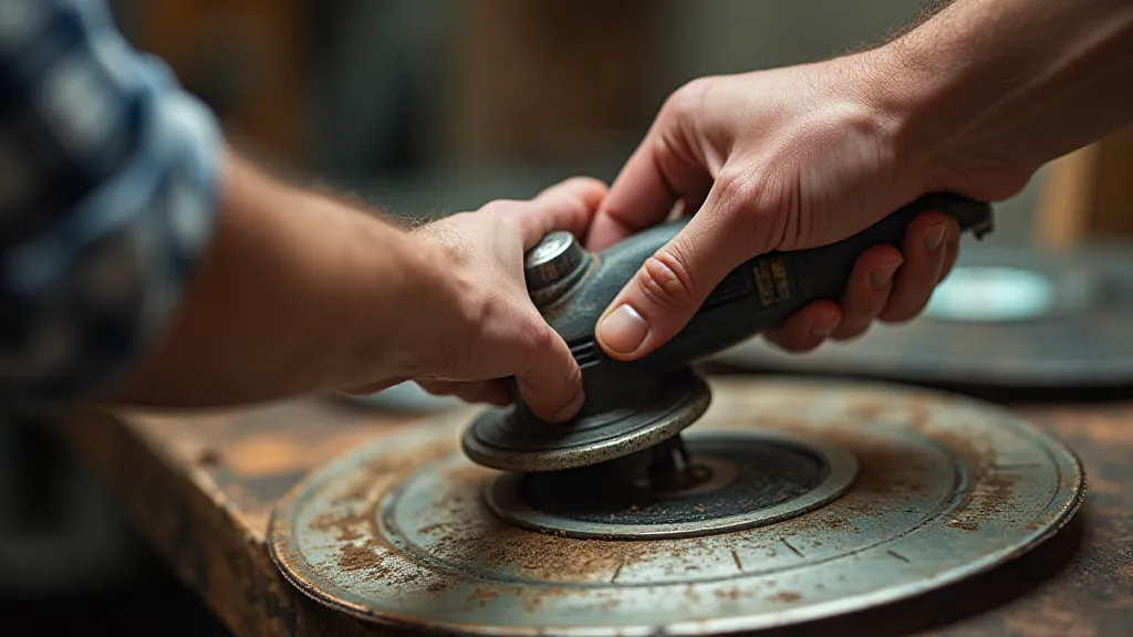 A person using a rotary tool with a polishing attachment to remove rust from a record store sign