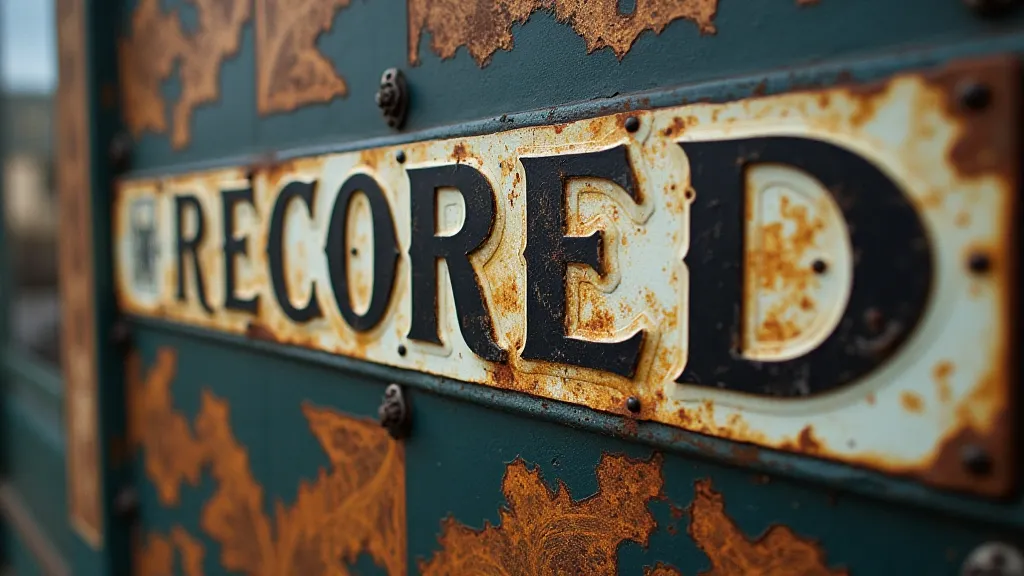 Close-up of a vintage record store sign showing areas of surface oxidation (rust).