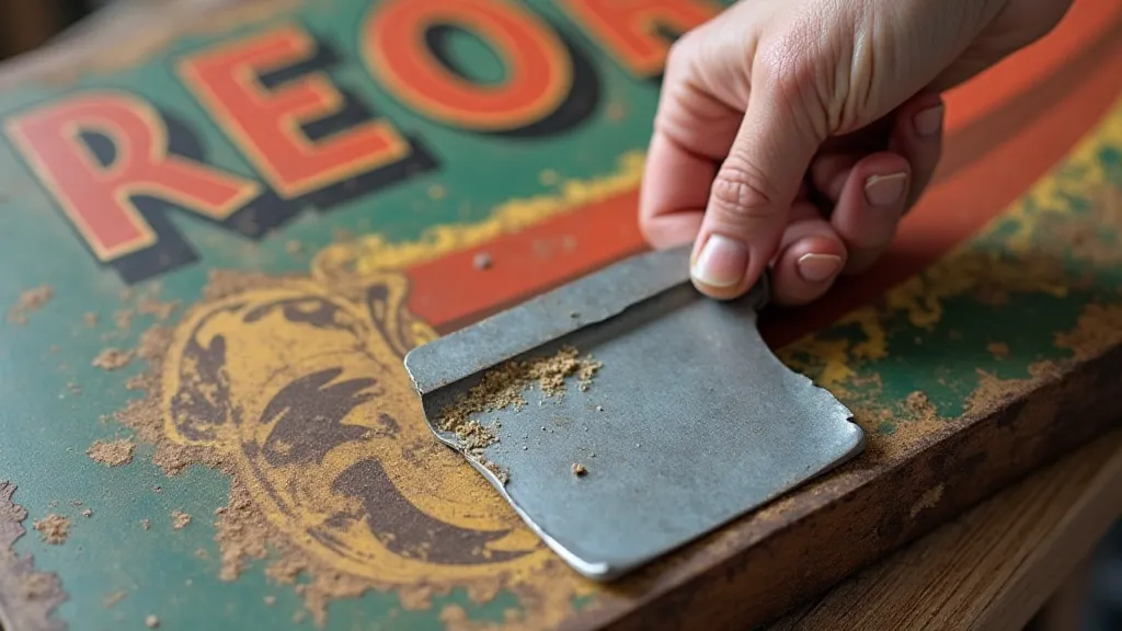 Careful paint scraping of a vintage sign