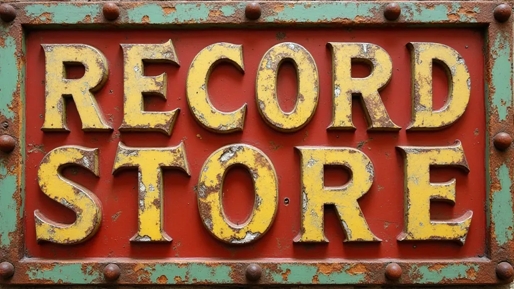 Vintage tinplate record store sign showing rust and wear