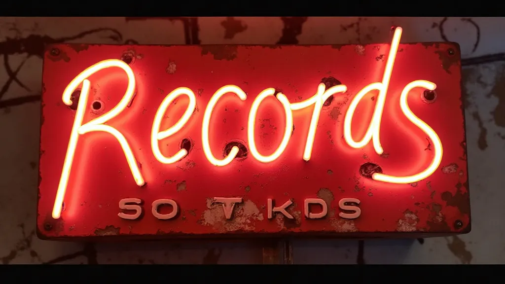 Weathered neon record store sign