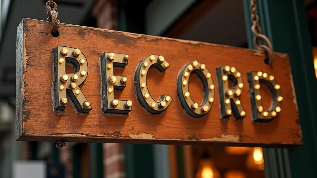 Close-up of restored wooden record store sign, showing wood grain and restored paint.