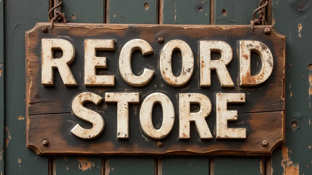 Vintage wooden record store sign with faded lettering